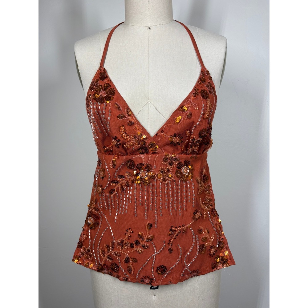 Beaded Mesh Halter Top XS Orange Sequin Mesh Y2K Fairycore Boho Festival Rave